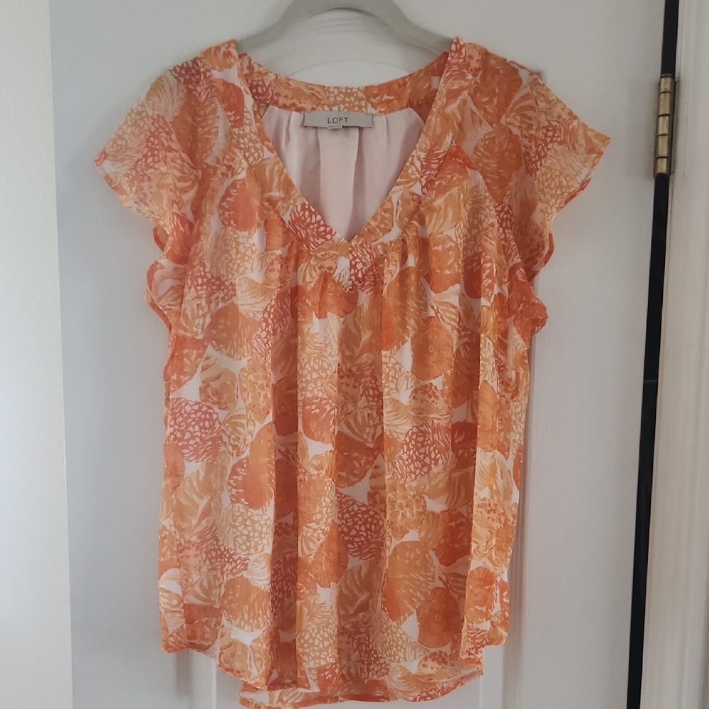 LOFT Women's Orange Floral Top,  Size‎ Large